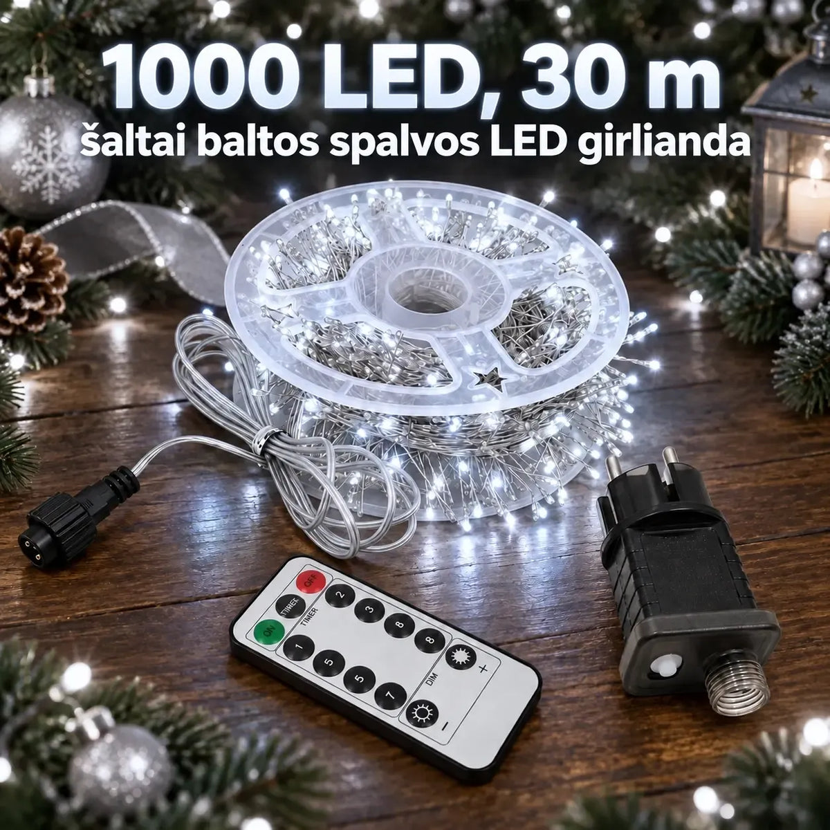 1000 LED, 30 m šaltai balta LED girlianda