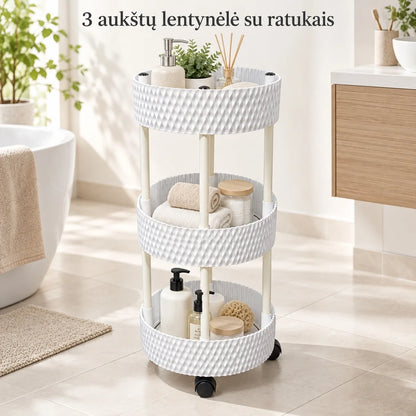 3 aukštų plastikinė lentyna su ratukais