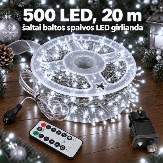 500 LED, 20 m šaltai balta LED girlianda