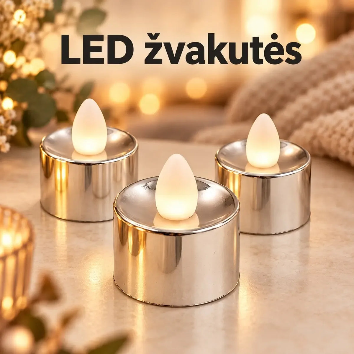 dekoratyvinė led žvakutė, sidabrinės spalvos, 3,5 × 3,5 cm