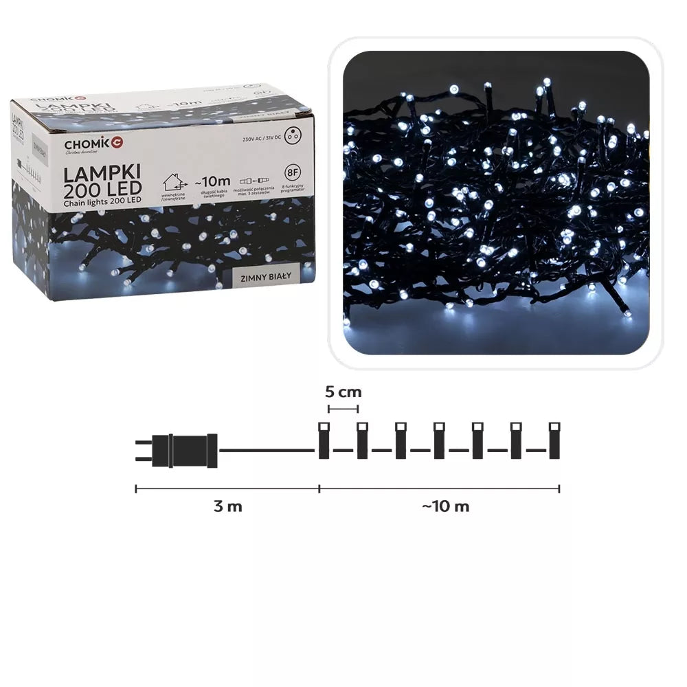 Kalėdinės LED girliandos, 200 LED, šaltai balta šviesa, 10 m