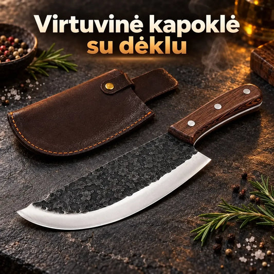 Kokybiškas lenktas virtuvinis peilis su odiniu dėklu