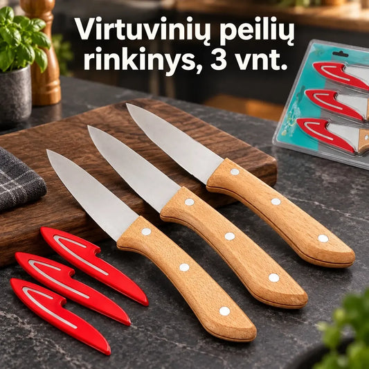 Kokybiškų virtuvinių peilių rinkinys su medinėmis rankenomis, 3 vnt.