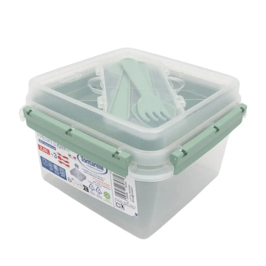 Kvadratinė maisto dėžutė su įrankiais ir vidiniu skyriumi (2,25 l)