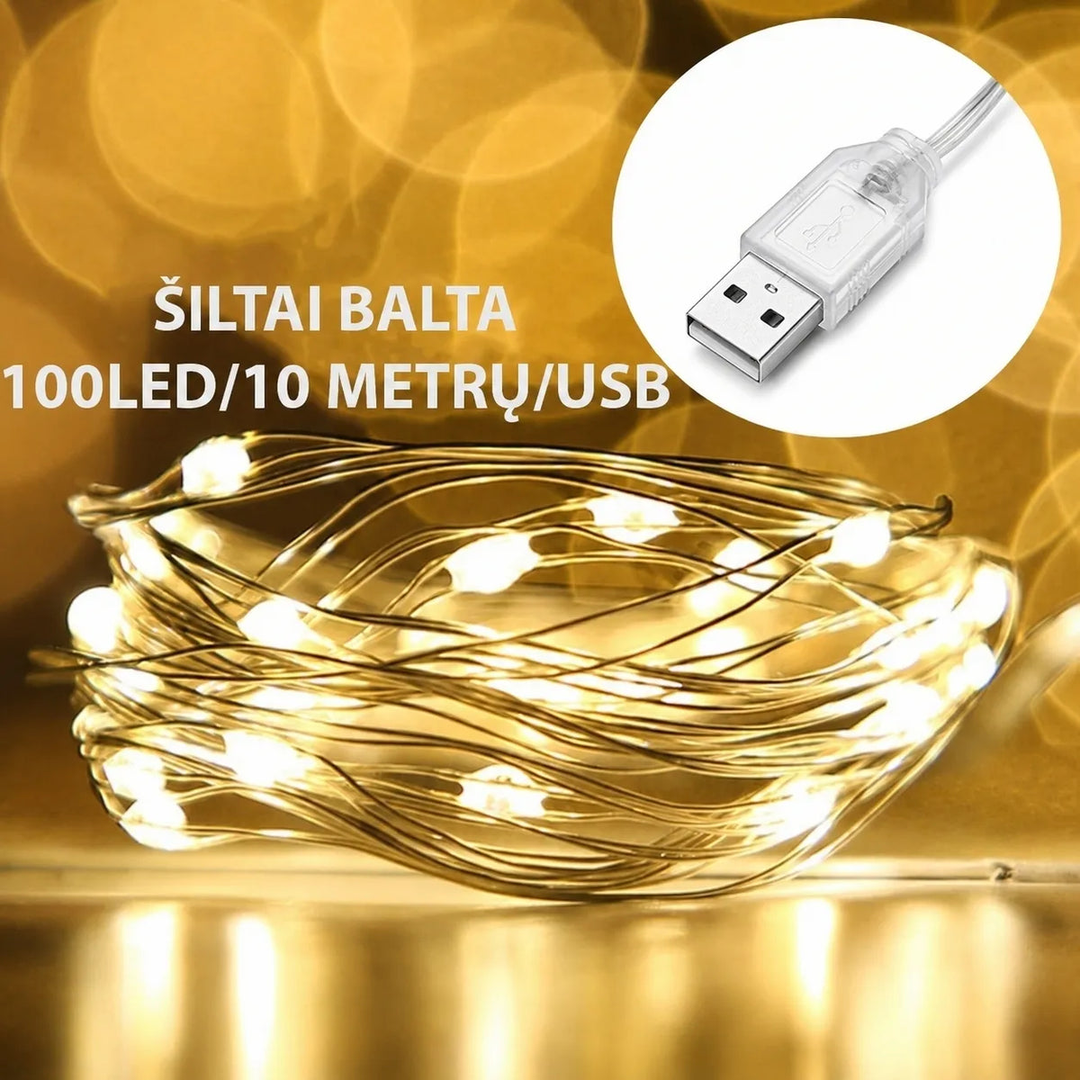 LED girlianda, 100 LED, 10 m, USB, šiltai balta