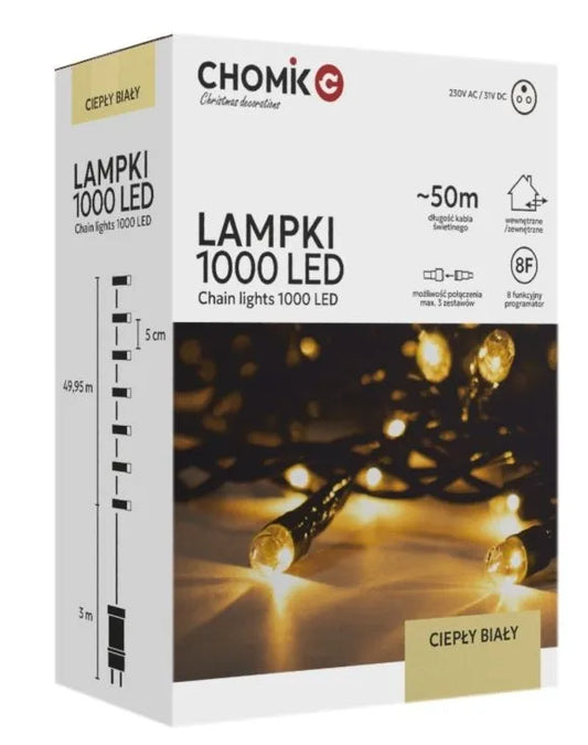 LED girlianda, 1000 LED, 53 m, šiltai balta