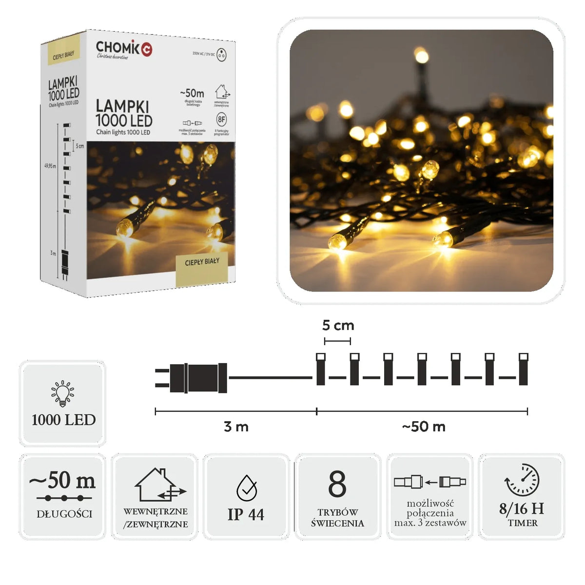 LED girlianda, 1000 LED, 53 m, šiltai balta