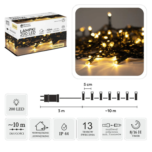 LED girlianda, 200 LED, 13 m, šiltai balta