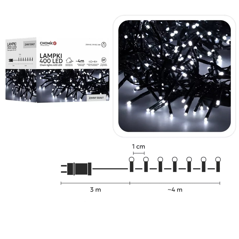 LED girlianda 400 LED, 4 m, šaltai balta