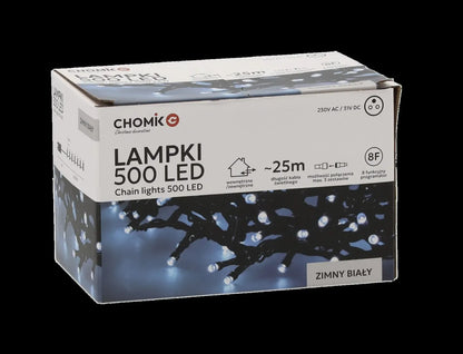 LED girlianda, 500 LED, 28 m, šaltai balta