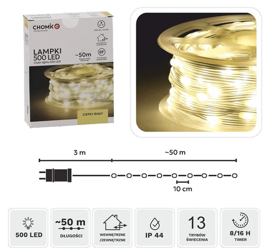 LED girlianda ant ritės, 500 LED, 53 m, šiltai balta