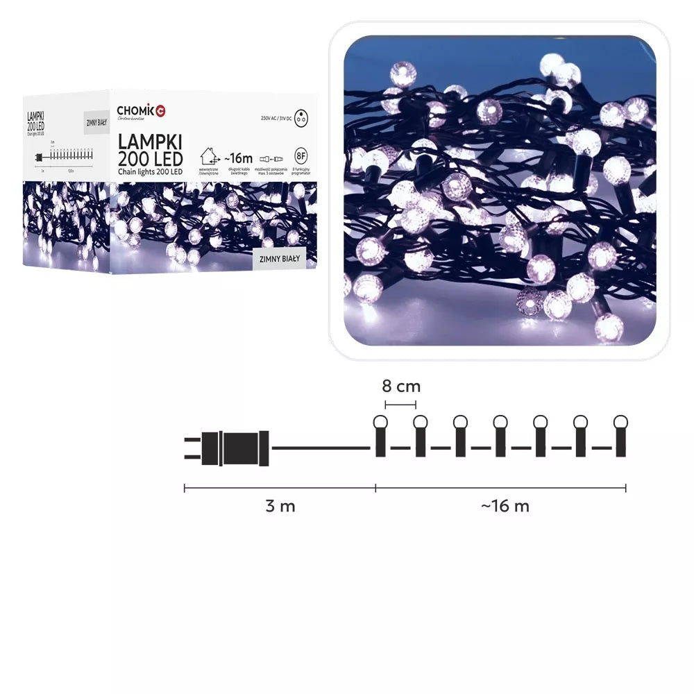 LED girlianda „Cherry Ball“ 200 LED, šaltai balta, 16 m