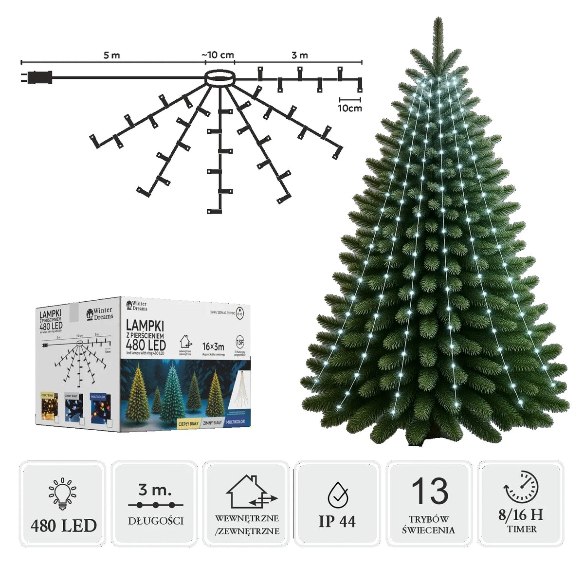 LED girlianda su žiedu, 16 × 3 m, 480 LED, šaltai balta