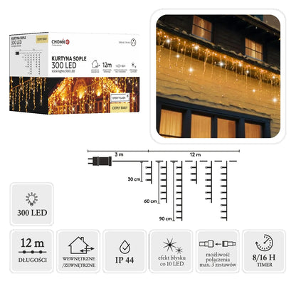 LED varveklių užuolaida, 300 LED, 12 m, šiltai balta su blyksniais