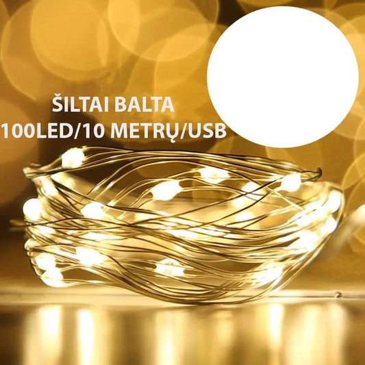Šiltai balta LED girlianda su USB jungtimi, 10 m, 100 LED