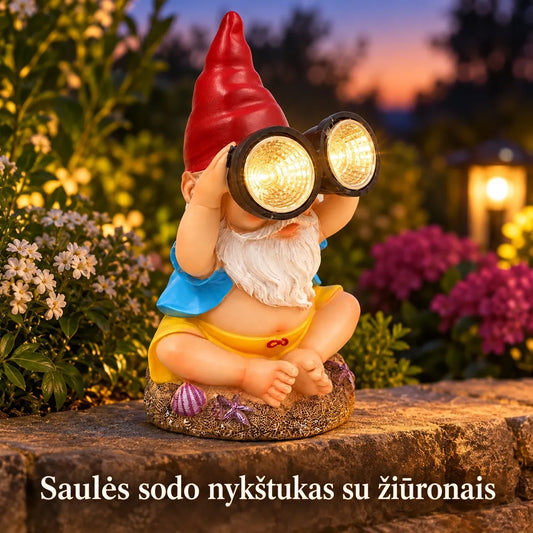 sodo nykštukas su šviečiančiais žiūronais ir saulės panele