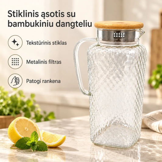 Stiklinis ąsotis su bambukiniu dangteliu 1800 ml