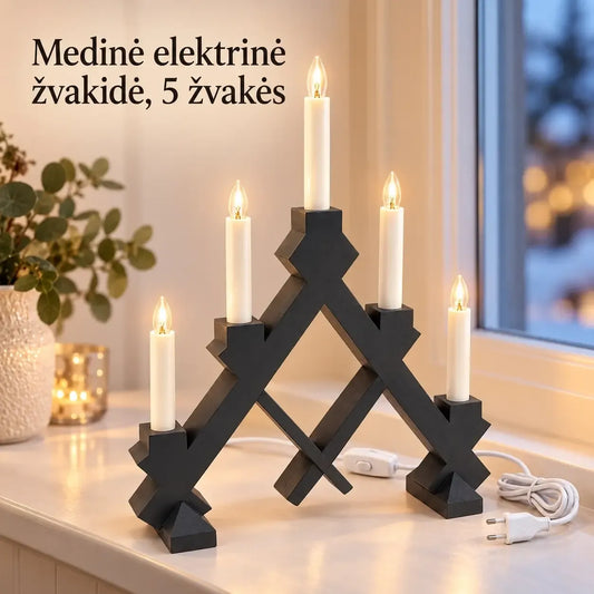 TAMSIAI PILKA medinė elektrinė žvakidė, 5 žvakių, 40 × 30 cm